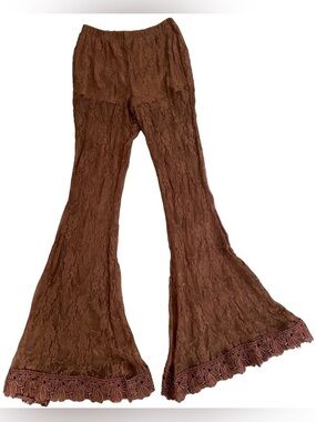POLLY & ESTHER Boho Hippie Sheer Stretch LACE Flare PANTS With Shorts Lining S